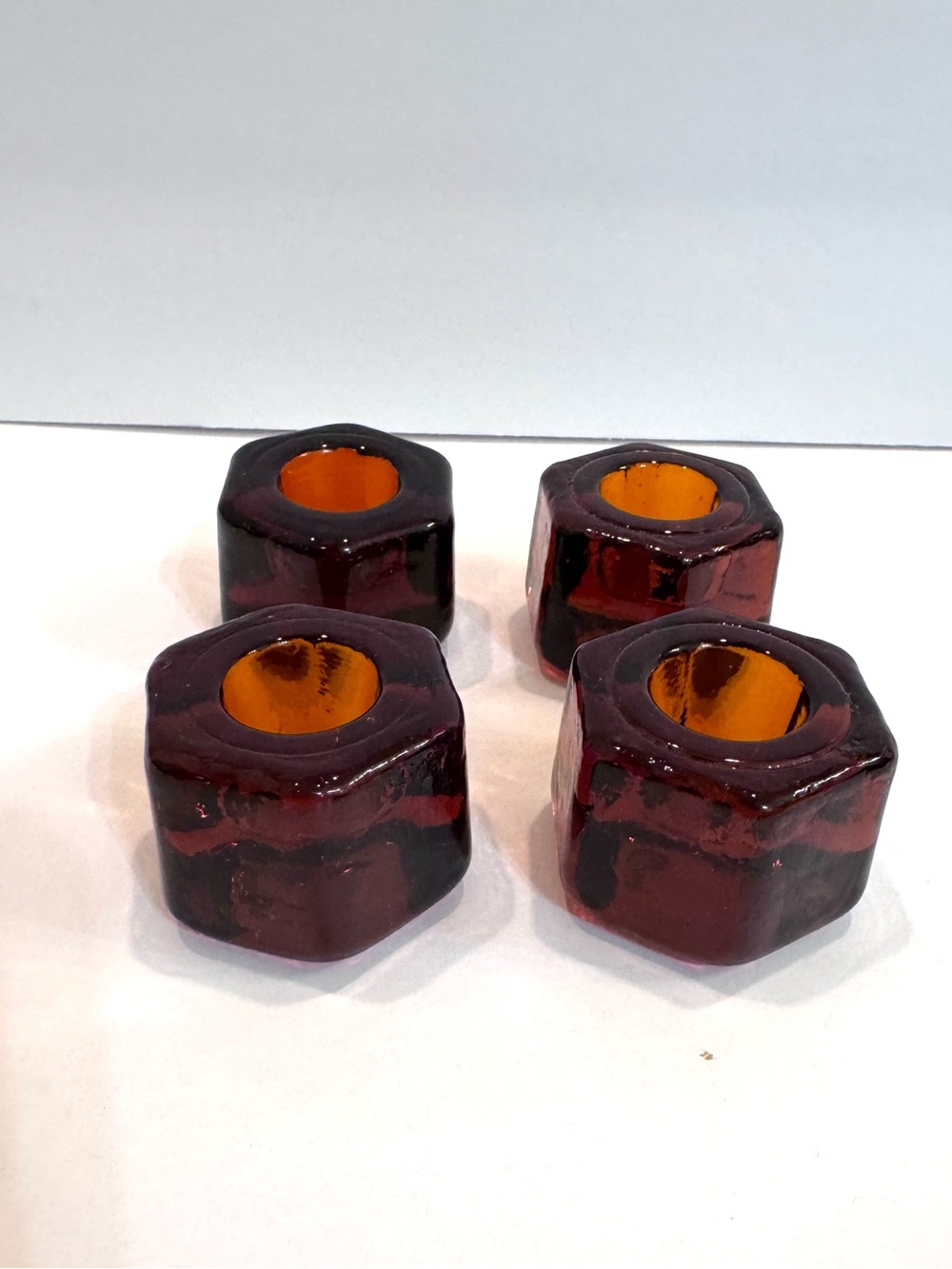 Vintage Set of 4 Amber Glass Hexagon Bolt Nut Shaped Candle Holders 1979/80